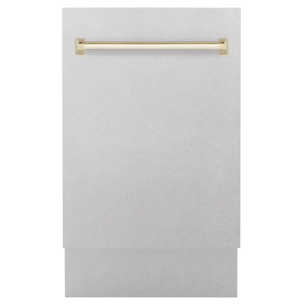 ZLINE Autograph Edition 18 in. Tallac Series 3rd Rack Top Control Built-In Dishwasher with Satin Stainless Steel Panel and Polished Gold Handle, 51dBa (DWVZ-SN-18-G)