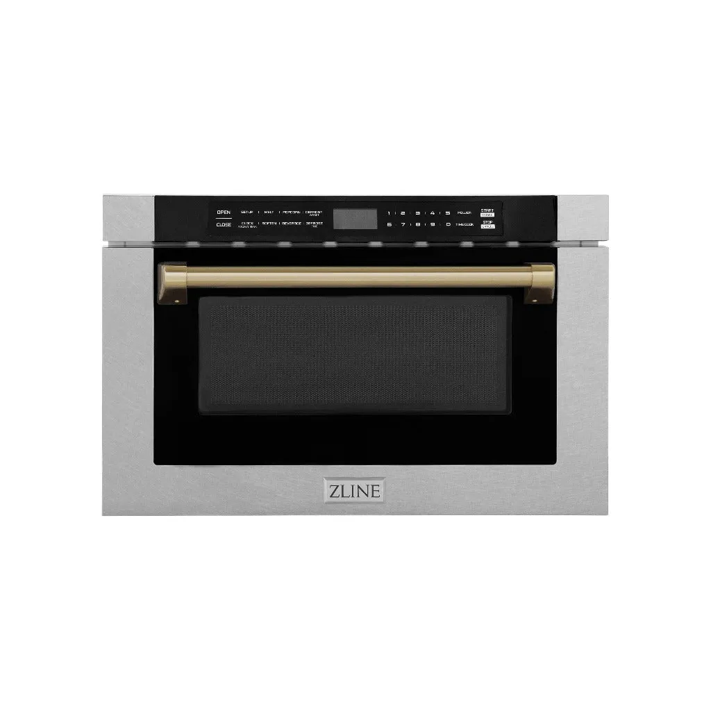 ZLINE Autograph Edition 24 in. 1.2 cu. ft. Built-in Microwave Drawer with a Traditional Handle in Satin Stainless Steel and Champagne Bronze Accents (MWDZ-1-SS-H-CB)