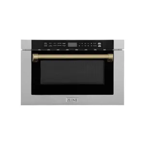 ZLINE Autograph Edition 24 in. 1.2 cu. ft. Built-in Microwave Drawer with a Traditional Handle in Satin Stainless Steel and Champagne Bronze Accents (MWDZ-1-SS-H-CB)