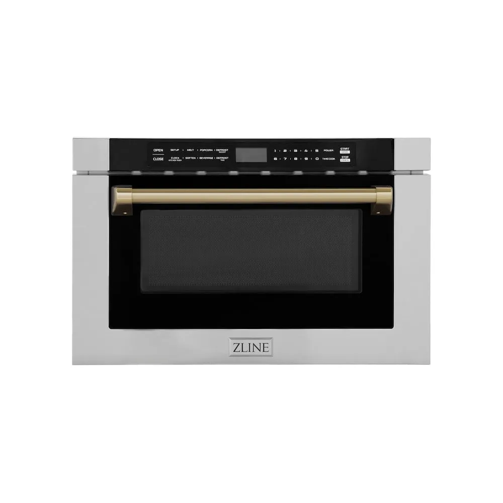 ZLINE Autograph Edition 24 in. 1.2 cu. ft. Built-in Microwave Drawer with a Traditional Handle in Stainless Steel and Champagne Bronze Accents (MWDZ-1-H-CB)