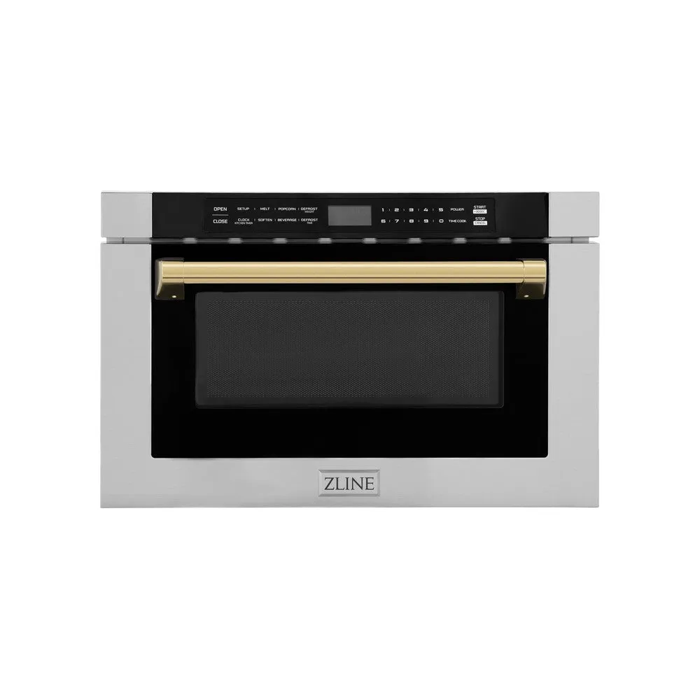 ZLINE Autograph Edition 24 in. 1.2 cu. ft. Built-in Microwave Drawer with a Traditional Handle in Stainless Steel and Polished Gold Accents (MWDZ-1-H-G)