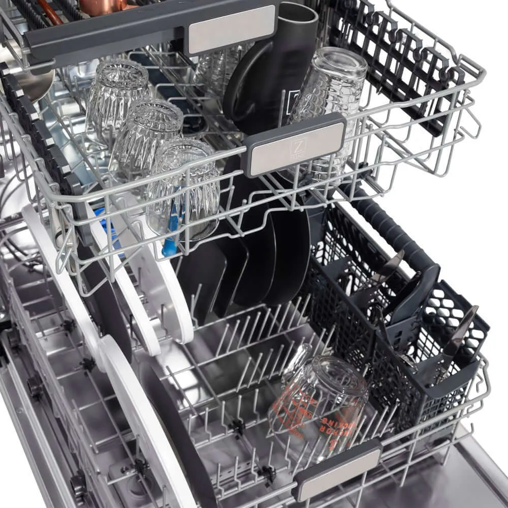 ZLINE Autograph Edition 24 in. Monument Series 3rd Rack Top Control Built-In Tall Tub Dishwasher with Satin Stainless Steel Panel and Matte Black Handle, 45dBa (DWMTZ-SN-24-MB)