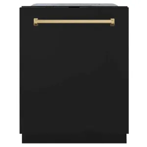 ZLINE Autograph Edition 24 in. Monument Series 3rd Rack Top Touch Control Tall Tub Dishwasher in Black Matte with Champagne Bronze Handle, 45dBa (DWMTZ-BLM-24-CB)