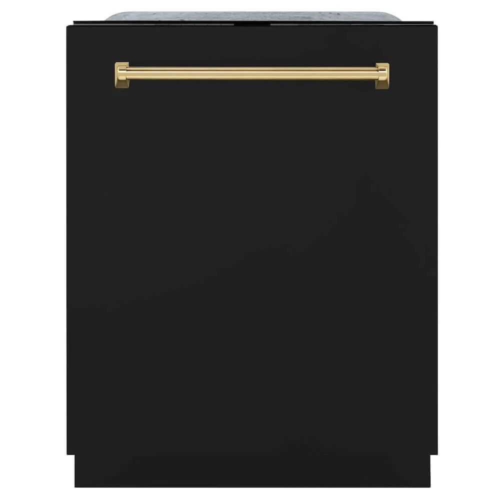 ZLINE Autograph Edition 24 in. Monument Series 3rd Rack Top Touch Control Tall Tub Dishwasher in Black Matte with Polished Gold Handle, 45dBa (DWMTZ-BLM-24-G)