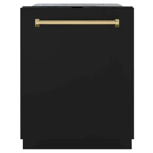 ZLINE Autograph Edition 24 in. Monument Series 3rd Rack Top Touch Control Tall Tub Dishwasher in Black Matte with Polished Gold Handle, 45dBa (DWMTZ-BLM-24-G)
