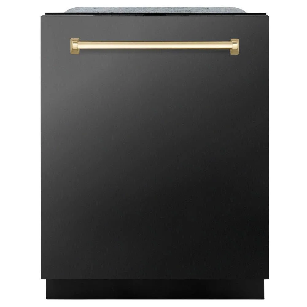 ZLINE Autograph Edition 24 in. Monument Series 3rd Rack Top Touch Control Tall Tub Dishwasher in Black Stainless Steel with Polished Gold Handle, 45dBa (DWMTZ-BS-24-G)