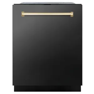 ZLINE Autograph Edition 24 in. Monument Series 3rd Rack Top Touch Control Tall Tub Dishwasher in Black Stainless Steel with Polished Gold Handle, 45dBa (DWMTZ-BS-24-G)