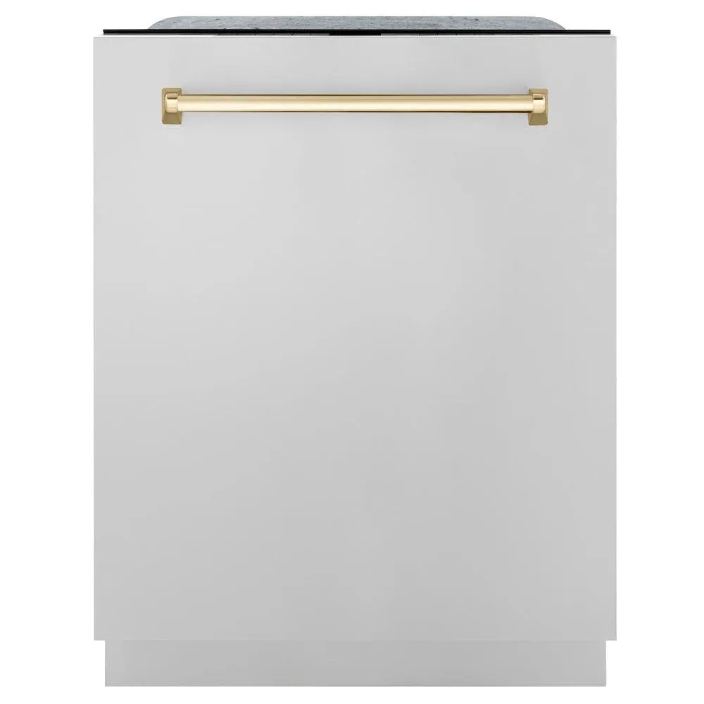 ZLINE Autograph Edition 24 in. Monument Series 3rd Rack Top Touch Control Tall Tub Dishwasher in Stainless Steel with Polished Gold Handle, 45dBa (DWMTZ-304-24-G)