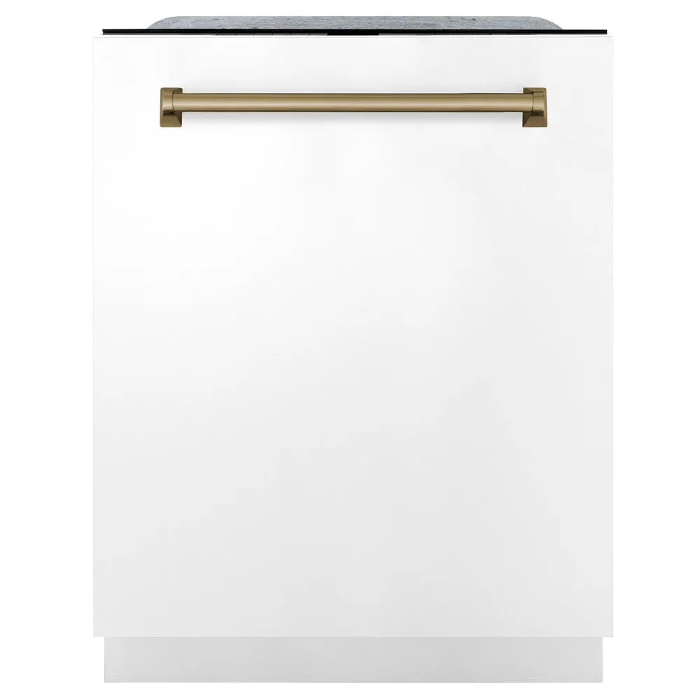 ZLINE Autograph Edition 24 in. Monument Series 3rd Rack Top Touch Control Tall Tub Dishwasher in White Matte with Champagne Bronze Handle, 45dBa (DWMTZ-WM-24-CB)