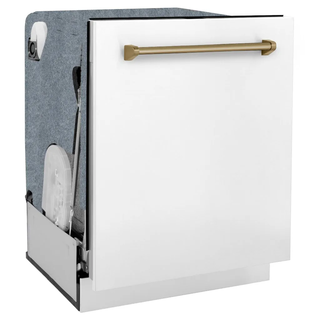 ZLINE Autograph Edition 24 in. Monument Series 3rd Rack Top Touch Control Tall Tub Dishwasher in White Matte with Champagne Bronze Handle, 45dBa (DWMTZ-WM-24-CB)