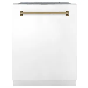 ZLINE Autograph Edition 24 in. Monument Series 3rd Rack Top Touch Control Tall Tub Dishwasher in White Matte with Champagne Bronze Handle, 45dBa (DWMTZ-WM-24-CB)