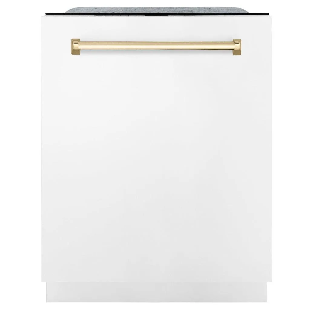 ZLINE Autograph Edition 24 in. Monument Series 3rd Rack Top Touch Control Tall Tub Dishwasher in White Matte with Polished Gold Handle, 45dBa (DWMTZ-WM-24-G)