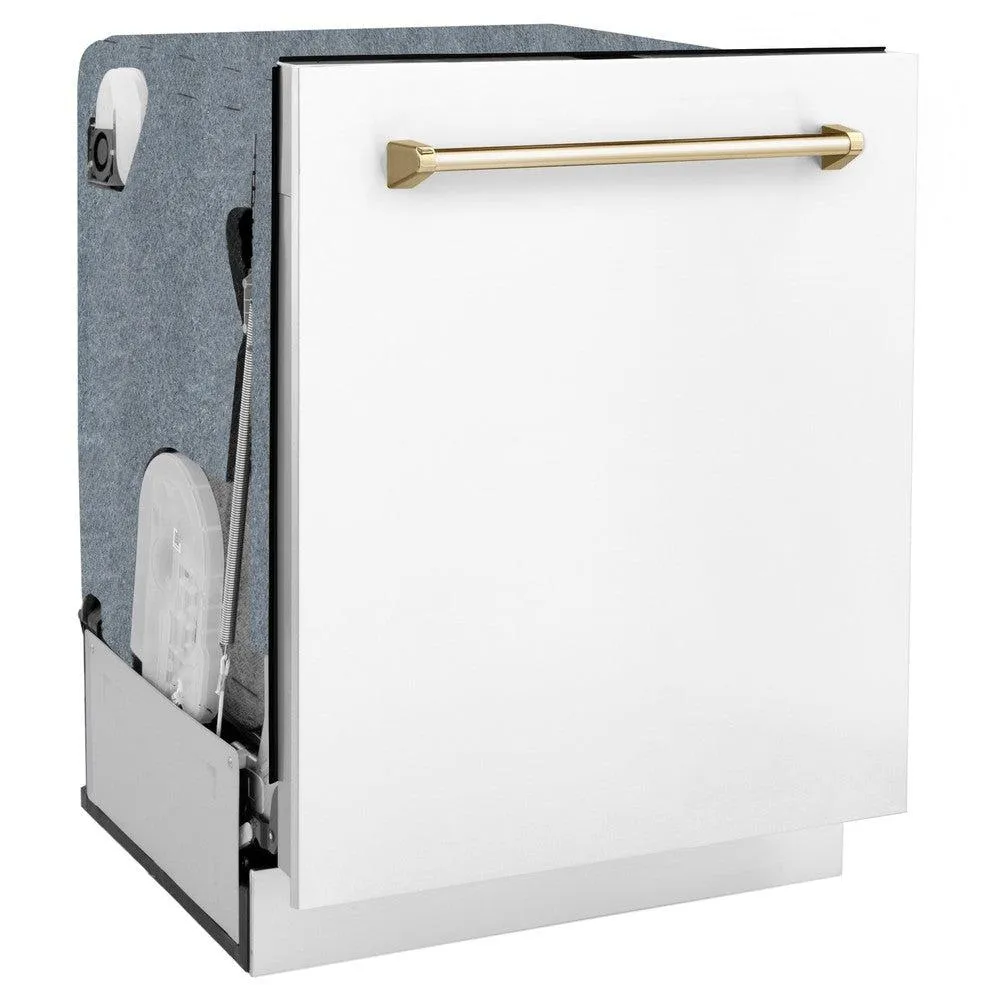 ZLINE Autograph Edition 24 in. Monument Series 3rd Rack Top Touch Control Tall Tub Dishwasher in White Matte with Polished Gold Handle, 45dBa (DWMTZ-WM-24-G)