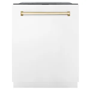 ZLINE Autograph Edition 24 in. Monument Series 3rd Rack Top Touch Control Tall Tub Dishwasher in White Matte with Polished Gold Handle, 45dBa (DWMTZ-WM-24-G)
