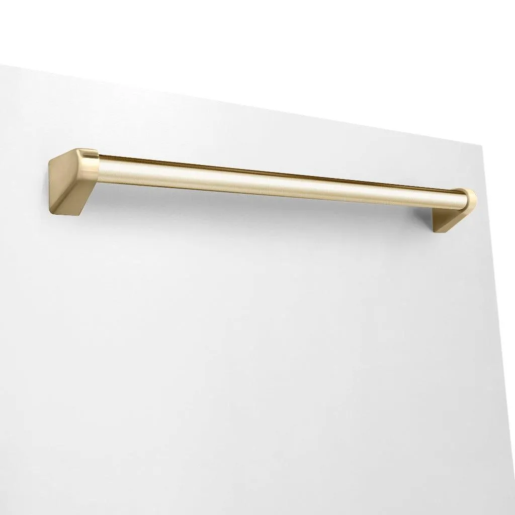 ZLINE Autograph Edition 24 in. Monument Series 3rd Rack Top Touch Control Tall Tub Dishwasher in White Matte with Polished Gold Handle, 45dBa (DWMTZ-WM-24-G)