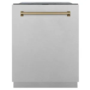 ZLINE Autograph Edition 24 in. Monument Series 3rd Rack Top Touch Control Tall Tub Dishwasher with Satin Stainless Steel Panel and Champagne Bronze Handle, 45dBa (DWMTZ-SN-24-CB)