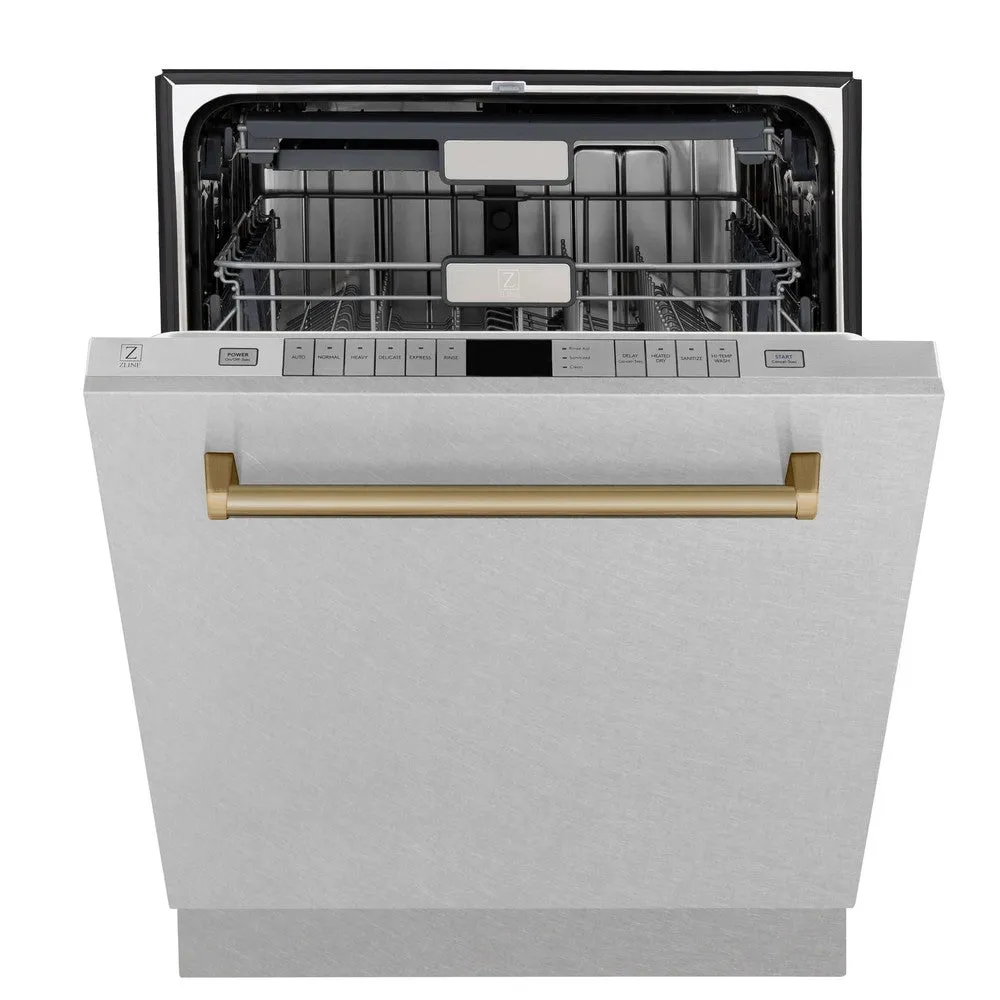 ZLINE Autograph Edition 24 in. Monument Series 3rd Rack Top Touch Control Tall Tub Dishwasher with Satin Stainless Steel Panel and Champagne Bronze Handle, 45dBa (DWMTZ-SN-24-CB)