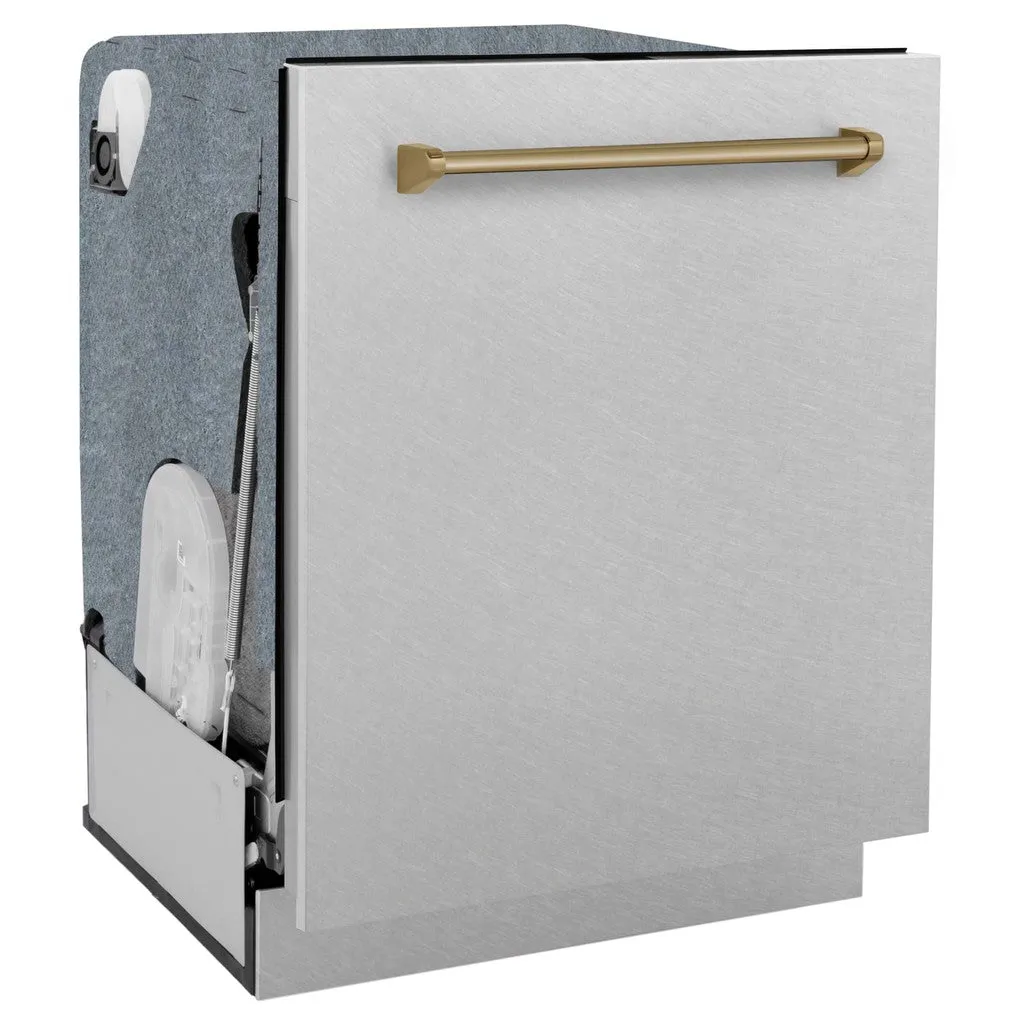 ZLINE Autograph Edition 24 in. Monument Series 3rd Rack Top Touch Control Tall Tub Dishwasher with Satin Stainless Steel Panel and Champagne Bronze Handle, 45dBa (DWMTZ-SN-24-CB)