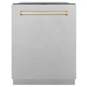 ZLINE Autograph Edition 24 in. Monument Series 3rd Rack Top Touch Control Tall Tub Dishwasher with Satin Stainless Steel Panel and Polished Gold Handle, 45dBa (DWMTZ-SN-24-G)
