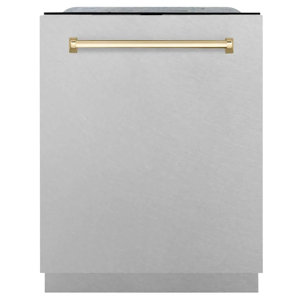 ZLINE Autograph Edition 24 in. Monument Series 3rd Rack Top Touch Control Tall Tub Dishwasher with Satin Stainless Steel Panel and Polished Gold Handle, 45dBa (DWMTZ-SN-24-G)