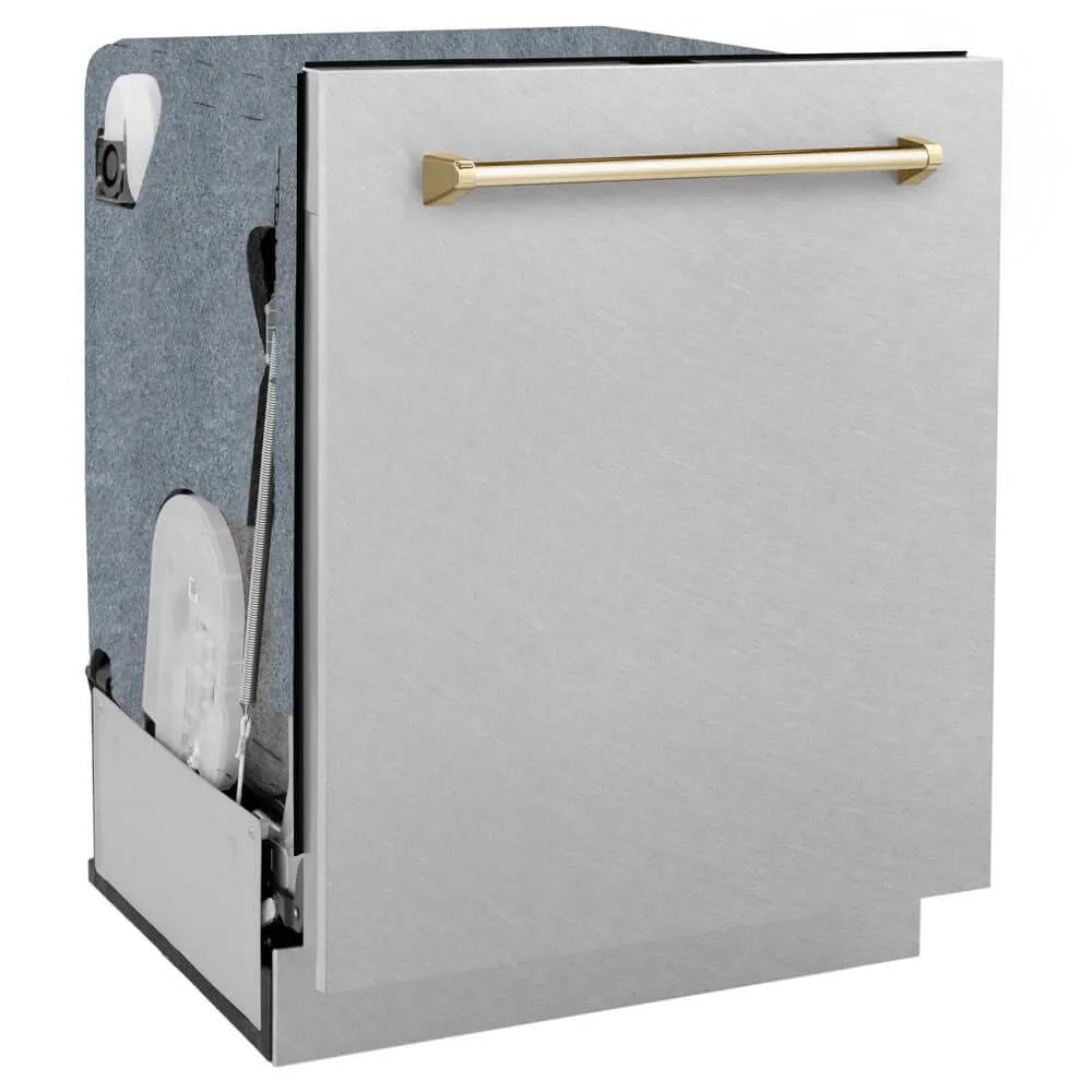 ZLINE Autograph Edition 24 in. Monument Series 3rd Rack Top Touch Control Tall Tub Dishwasher with Satin Stainless Steel Panel and Polished Gold Handle, 45dBa (DWMTZ-SN-24-G)