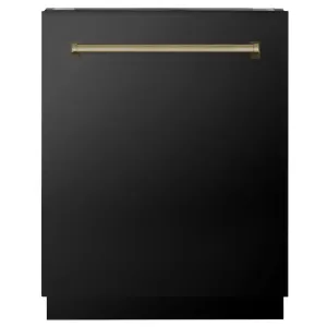 ZLINE Autograph Edition 24 in. Tallac Series 3rd Rack Top Control Built-In Tall Tub Dishwasher in Black Stainless Steel with Champagne Bronze Handle, 51dBa (DWVZ-BS-24-CB)