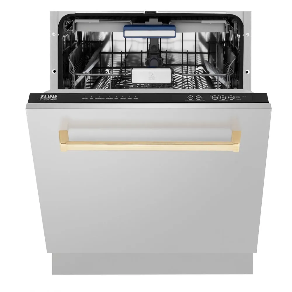 ZLINE Autograph Edition 24 in. Tallac Series 3rd Rack Top Control Built-In Tall Tub Dishwasher in Stainless Steel with Polished Gold Handle, 51dBa (DWVZ-304-24-G)