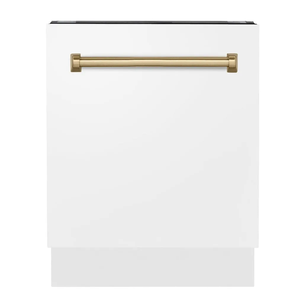 ZLINE Autograph Edition 24 in. Tallac Series 3rd Rack Top Control Built-In Tall Tub Dishwasher in White Matte with Champagne Bronze Handle, 51dBa (DWVZ-WM-24-CB)