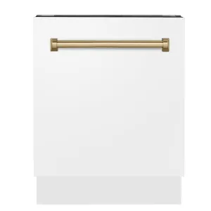 ZLINE Autograph Edition 24 in. Tallac Series 3rd Rack Top Control Built-In Tall Tub Dishwasher in White Matte with Champagne Bronze Handle, 51dBa (DWVZ-WM-24-CB)