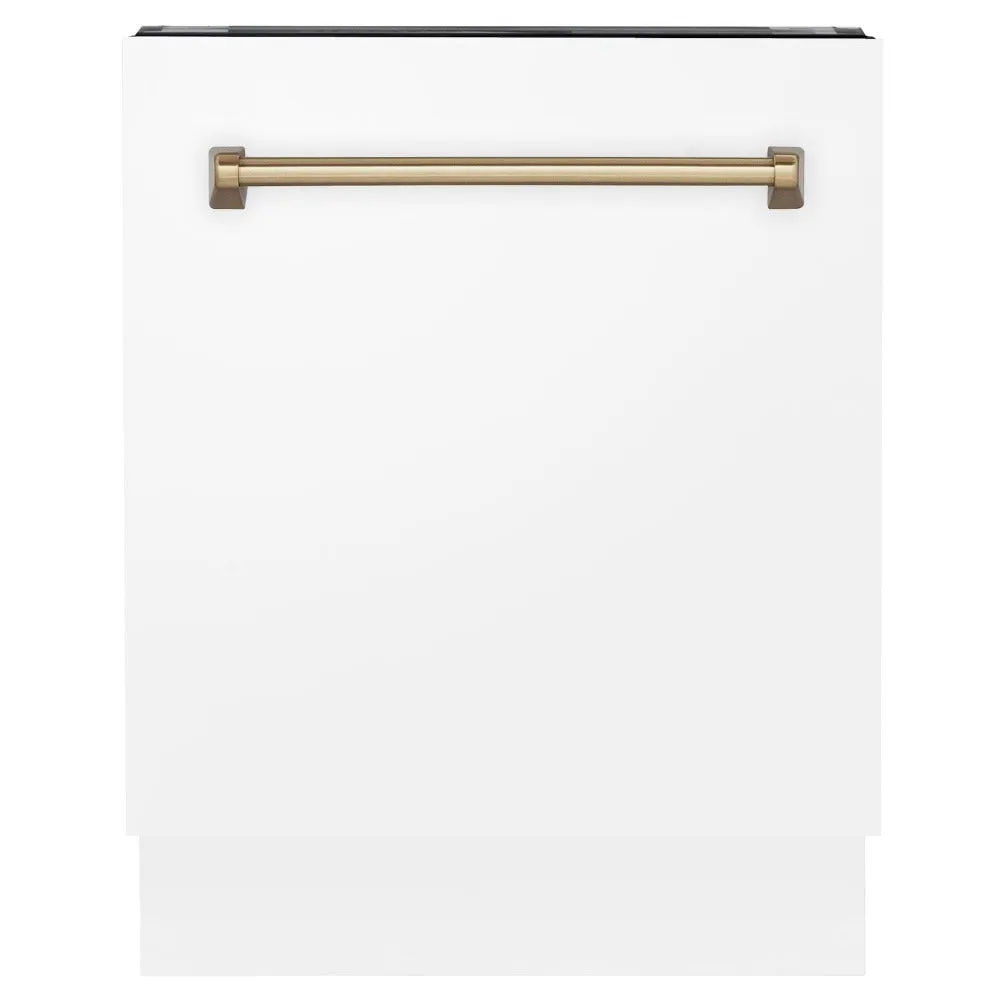 ZLINE Autograph Edition 24 in. Tallac Series 3rd Rack Top Control Built-In Tall Tub Dishwasher in White Matte with Champagne Bronze Handle, 51dBa (DWVZ-WM-24-CB)
