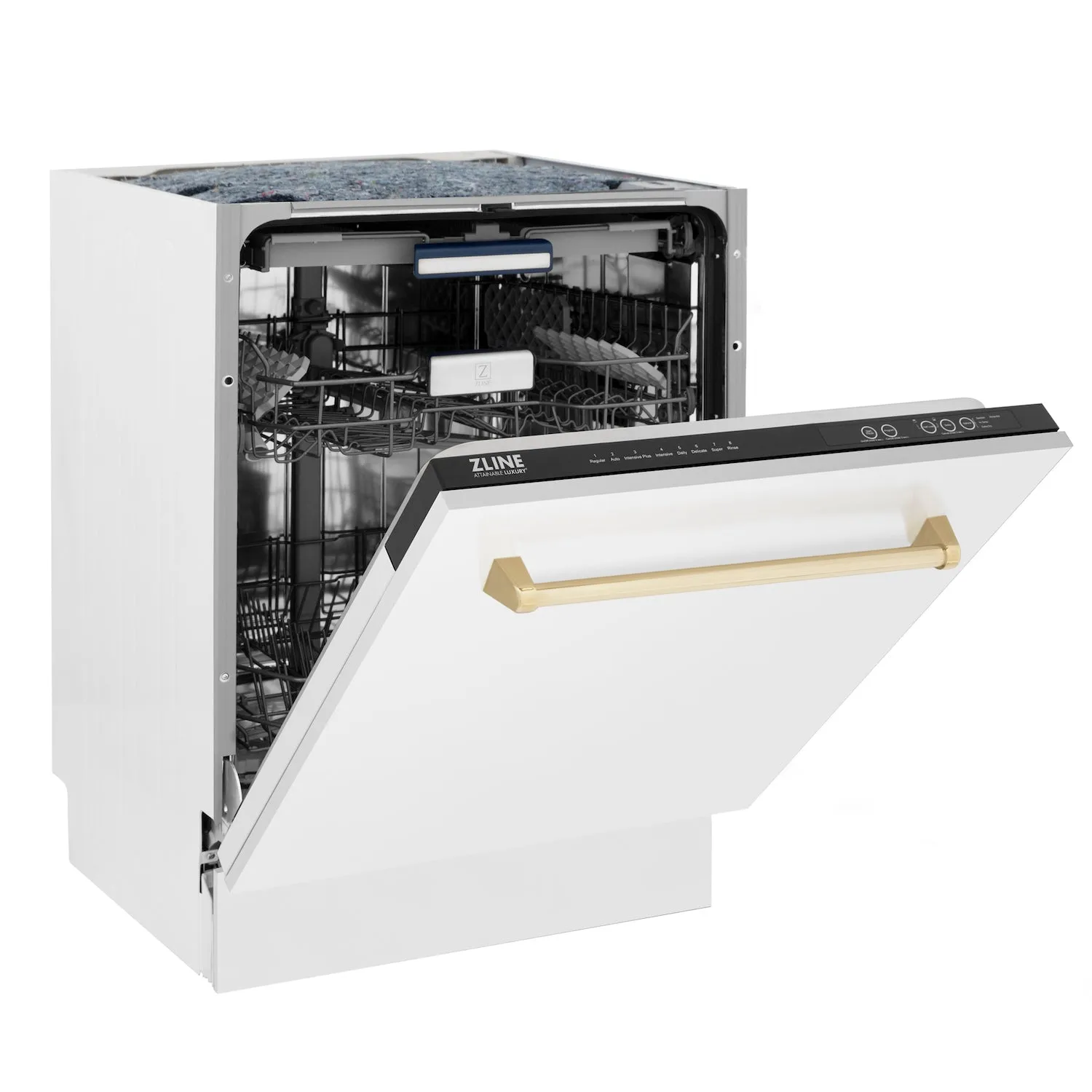 ZLINE Autograph Edition 24 in. Tallac Series 3rd Rack Top Control Built-In Tall Tub Dishwasher in White Matte with Polished Gold Handle, 51dBa (DWVZ-WM-24-G)