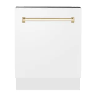 ZLINE Autograph Edition 24 in. Tallac Series 3rd Rack Top Control Built-In Tall Tub Dishwasher in White Matte with Polished Gold Handle, 51dBa (DWVZ-WM-24-G)