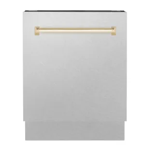 ZLINE Autograph Edition 24 in. Tallac Series 3rd Rack Top Control Built-In Tall Tub Dishwasher with Satin Stainless Steel Panel and Polished Gold Handle, 51dBa (DWVZ-SN-24-G)