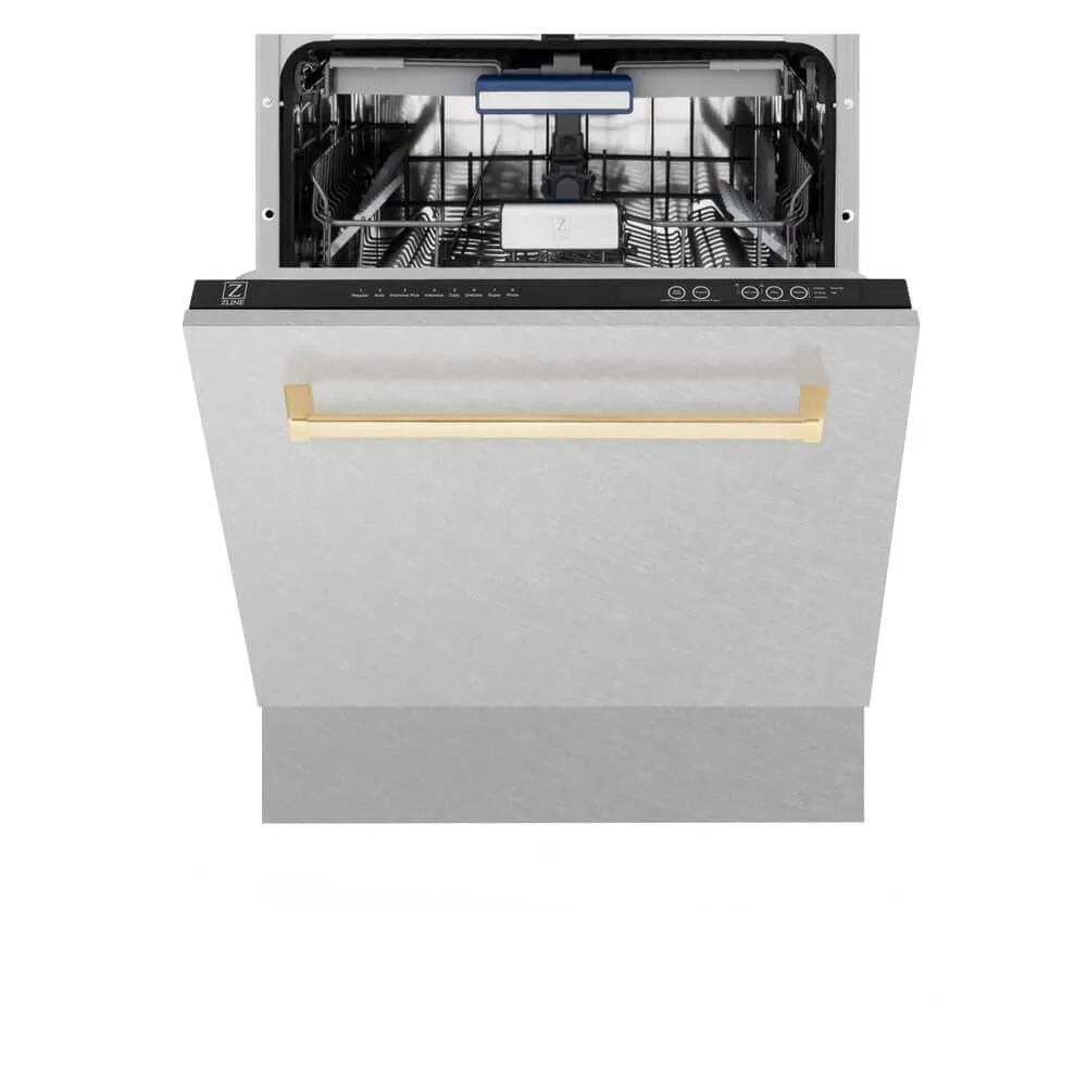 ZLINE Autograph Edition 24 in. Tallac Series 3rd Rack Top Control Built-In Tall Tub Dishwasher with Satin Stainless Steel Panel and Polished Gold Handle, 51dBa (DWVZ-SN-24-G)