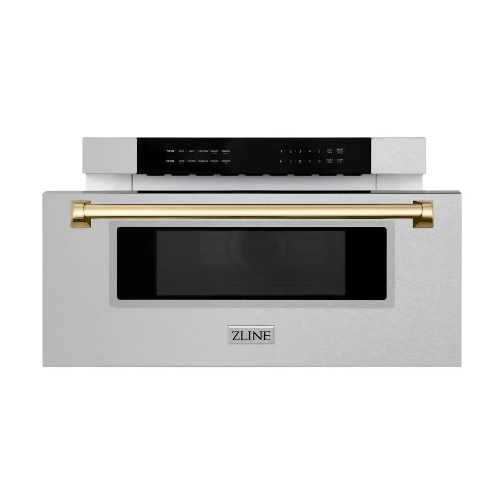 ZLINE Autograph Edition 30 in. 1.2 cu. ft. Built-In Microwave Drawer in Satin Stainless Steel with Polished Gold Accents (MWDZ-30-SS-G)