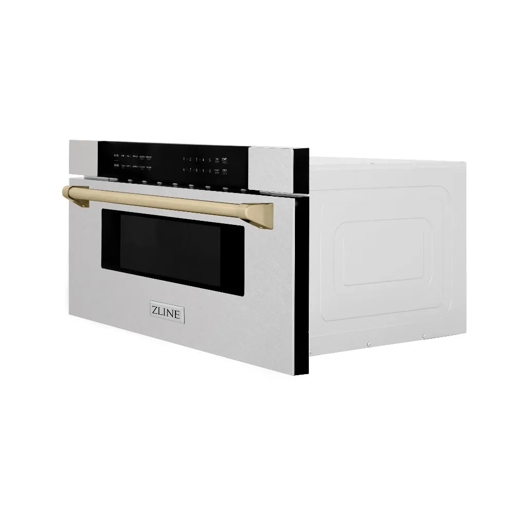ZLINE Autograph Edition 30 in. 1.2 cu. ft. Built-In Microwave Drawer in Satin Stainless Steel with Polished Gold Accents (MWDZ-30-SS-G)