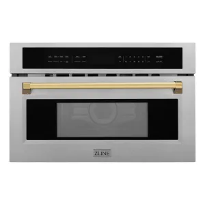 ZLINE Autograph Edition 30 in. 1.6 cu ft. Built-in Convection Microwave Oven in Satin Stainless Steel and Polished Gold Accents (MWOZ-30-SS-G)