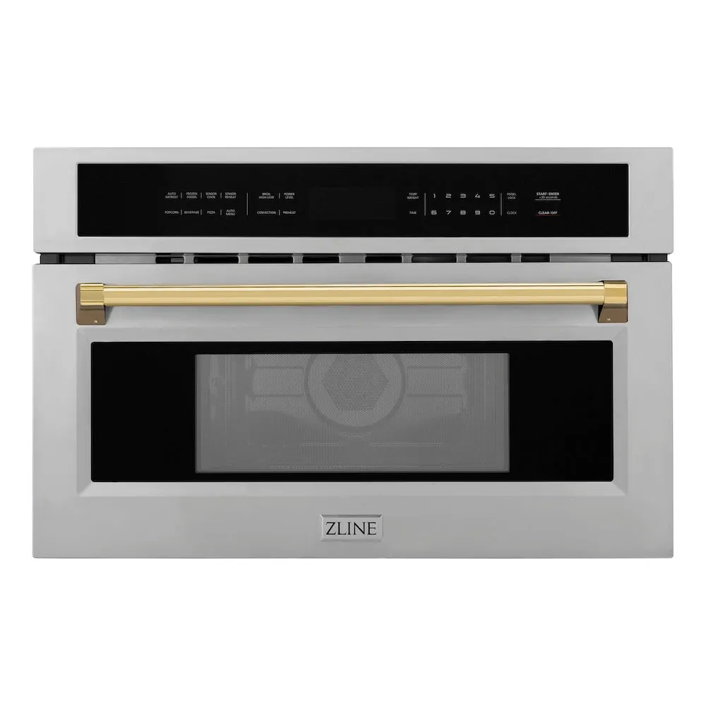 ZLINE Autograph Edition 30 in. 1.6 cu ft. Built-in Convection Microwave Oven in Stainless Steel with Polished Gold Accents (MWOZ-30-G)