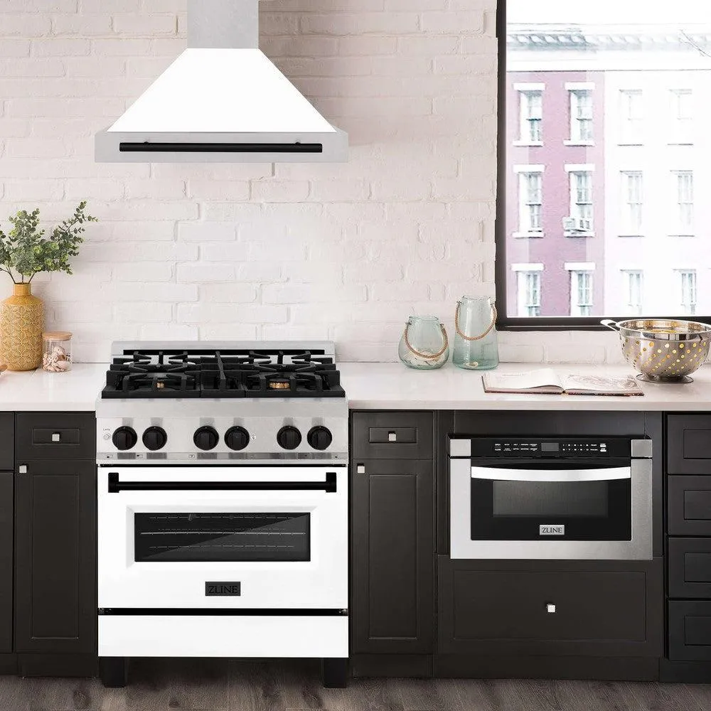 ZLINE Autograph Edition 30 in. Convertible Satin Stainless Steel Wall Mount Range Hood with White Matte Shell with Accent Handle (KB4SNZ-WM30)