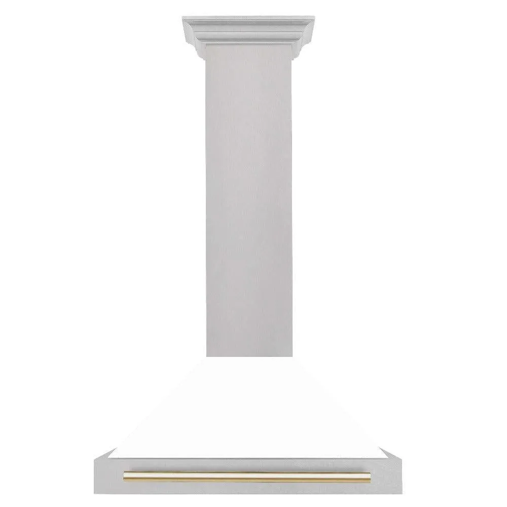 ZLINE Autograph Edition 30 in. Convertible Satin Stainless Steel Wall Mount Range Hood with White Matte Shell with Accent Handle (KB4SNZ-WM30)