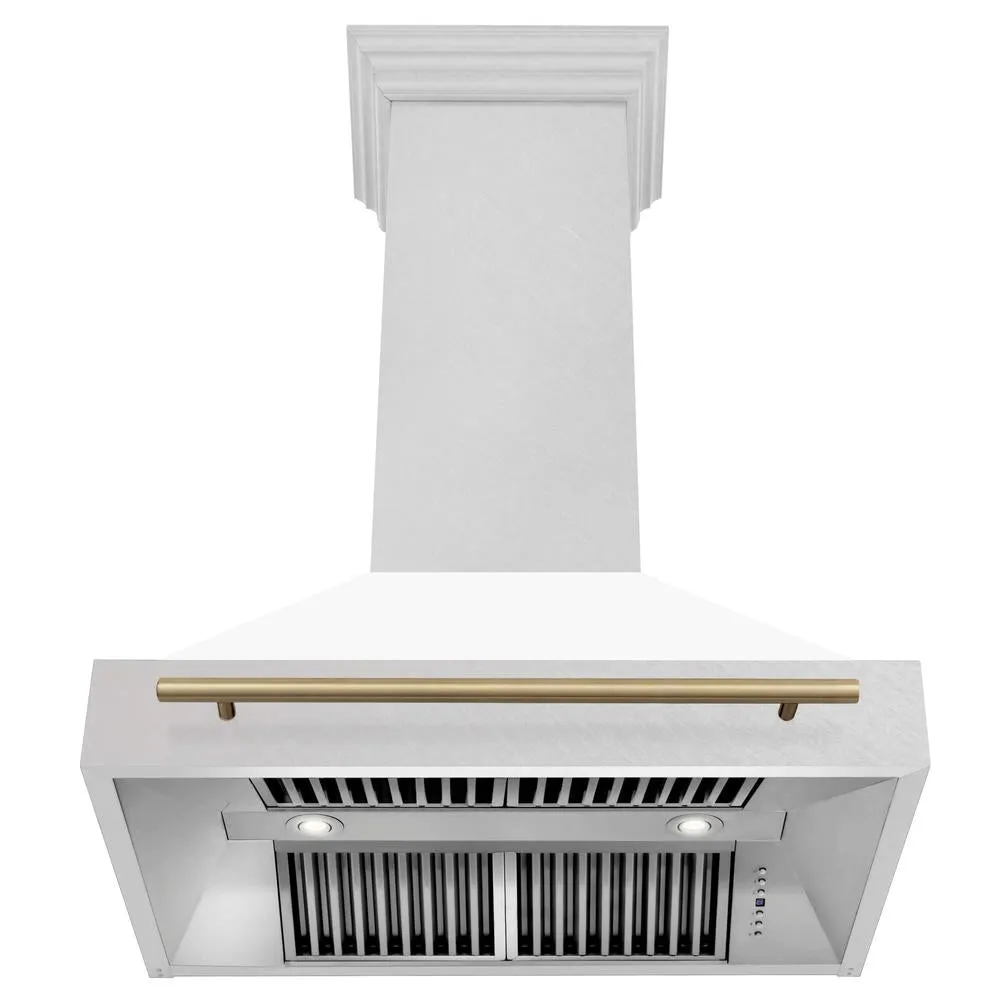 ZLINE Autograph Edition 36 in. Satin Stainless Steel Wall Mount Range Hood with White Matte Shell and Accent Handle (8654SNZ-WM36)