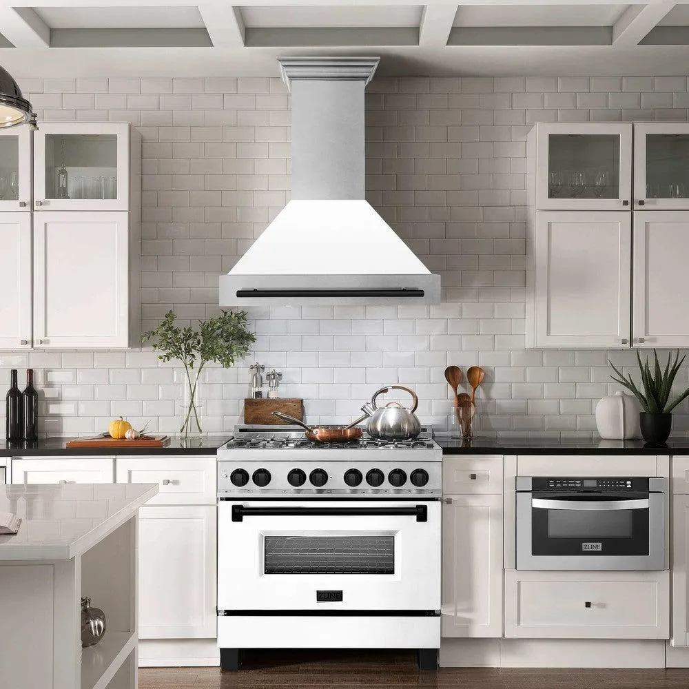 ZLINE Autograph Edition 36 in. Satin Stainless Steel Wall Mount Range Hood with White Matte Shell and Accent Handle (8654SNZ-WM36)
