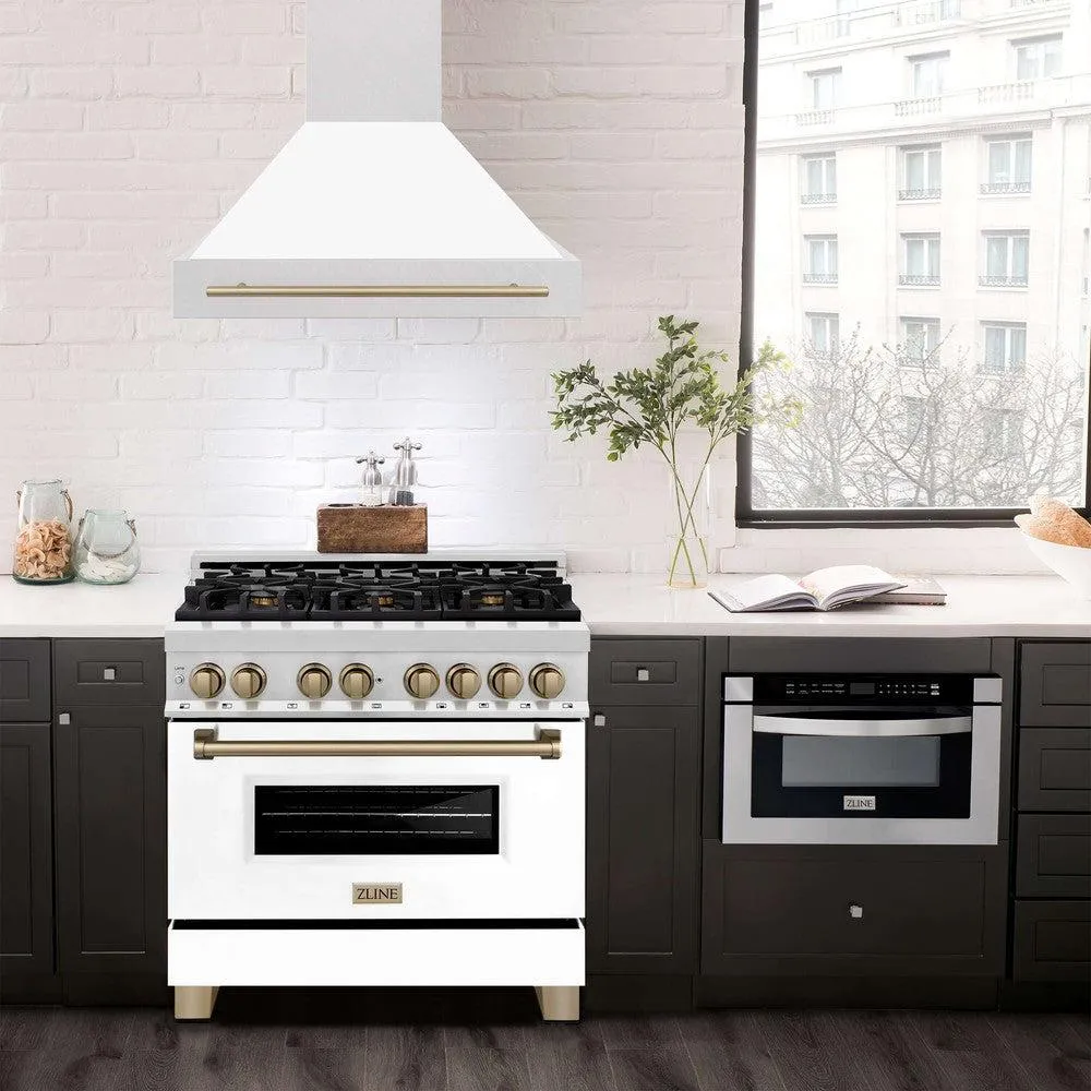 ZLINE Autograph Edition 36 in. Satin Stainless Steel Wall Mount Range Hood with White Matte Shell and Accent Handle (8654SNZ-WM36)