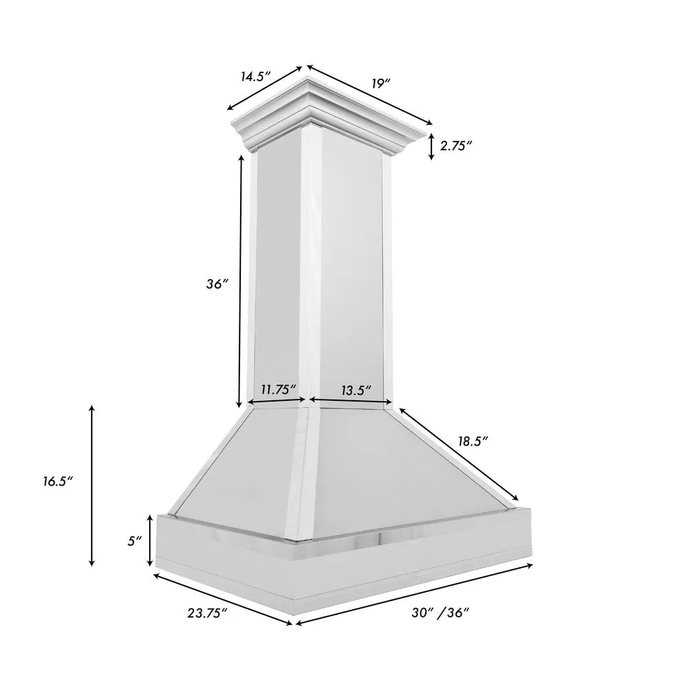 ZLINE Designer Series Ducted Wall Mount Range Hood in Satin Stainless Steel with Mirror Accents and Size Options (655MR)