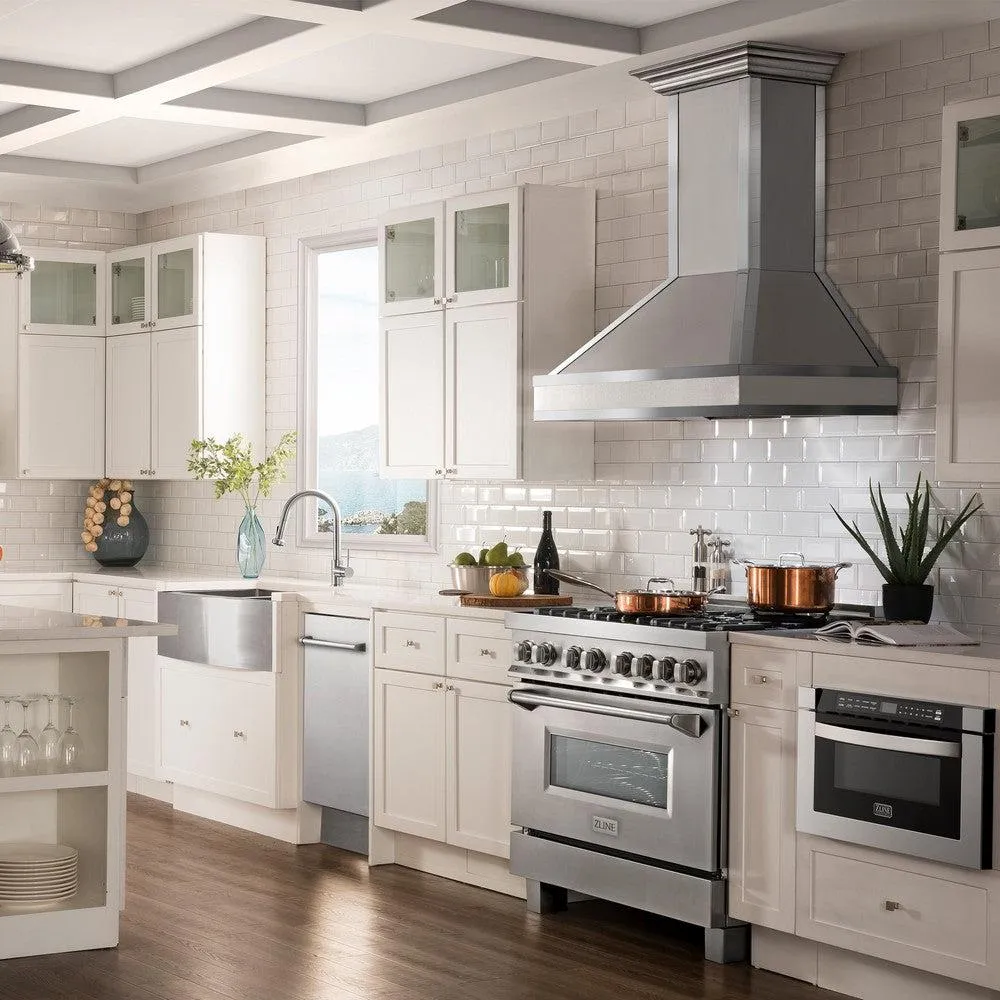 ZLINE Designer Series Ducted Wall Mount Range Hood in Satin Stainless Steel with Mirror Accents and Size Options (655MR)