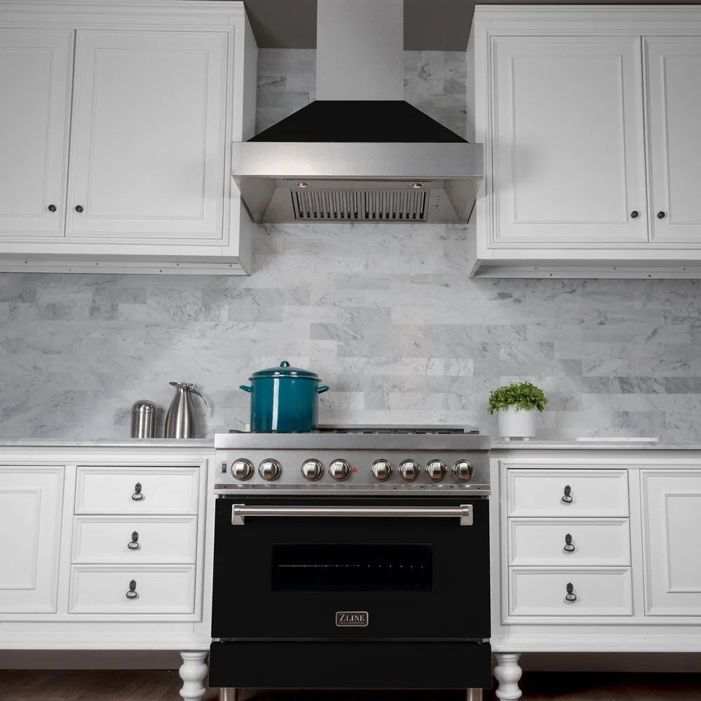 ZLINE Ducted Satin Stainless Steel Wall Mount Range Hood with Black Matte Shell and Size Options (8654BLM)
