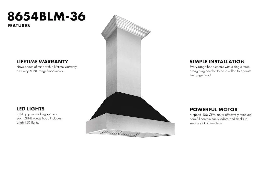 ZLINE Ducted Satin Stainless Steel Wall Mount Range Hood with Black Matte Shell and Size Options (8654BLM)