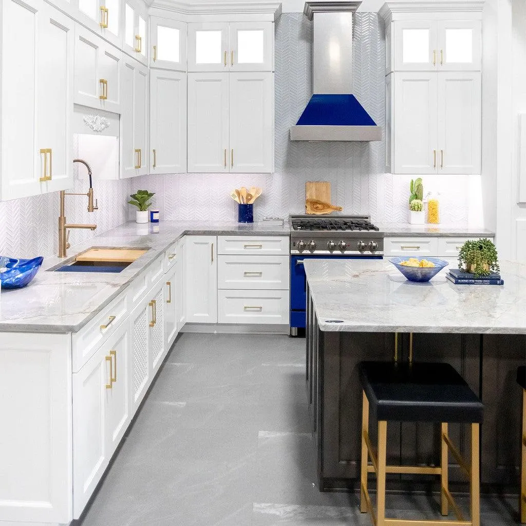ZLINE Ducted Satin Stainless Steel Wall Mount Range Hood with Blue Gloss Shell and Size Options (8654BG)