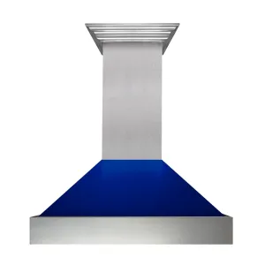 ZLINE Ducted Satin Stainless Steel Wall Mount Range Hood with Blue Gloss Shell and Size Options (8654BG)