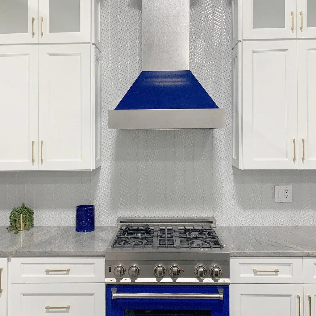 ZLINE Ducted Satin Stainless Steel Wall Mount Range Hood with Blue Gloss Shell and Size Options (8654BG)